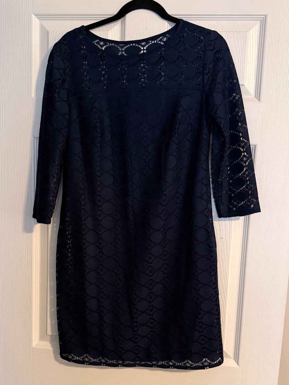 Dress Barn Navy Lace Midi Dress with Three-Quarter Sleeves